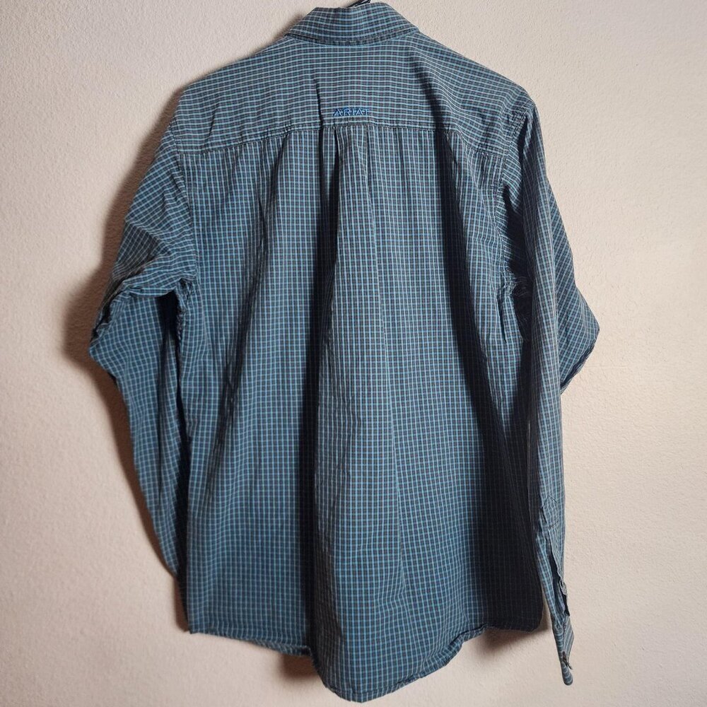 Ariat Shirt Mens Medium Blue Brown Plaid Pro Series Fitted Western Button Down - Picture 9 of 12